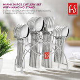 Miami 24-piece stainless steel cutlery set with wire hanging stand displaying organized utensils on kitchen counter
